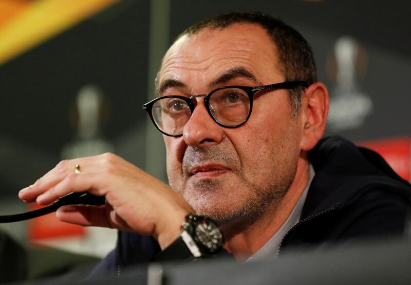 Soccer Football - Europa League - Chelsea Press Conference - Swedbank Stadion, Malmo, Sweden - February 13, 2019   Chelsea manager Maurizio Sarri during the press conference   Action Images via Reuters/Peter Cziborra