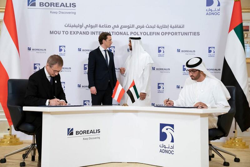 Mohamed bin Zayed and the Austrian Chancellor witness the signing of agreements to strengthen the partnership between ADNOC and Austrian companies OMV and Borealis.