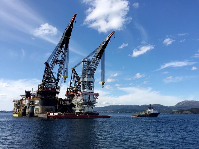 FILE PHOTO: A general view of the drilling platform, the first out of four oil platforms to be installed at Norway's giant offshore Johan Sverdrup field during the 1st phase development, near Stord, western Norway September 4, 2017. REUTERS/Nerijus Adomaitis/File Photo