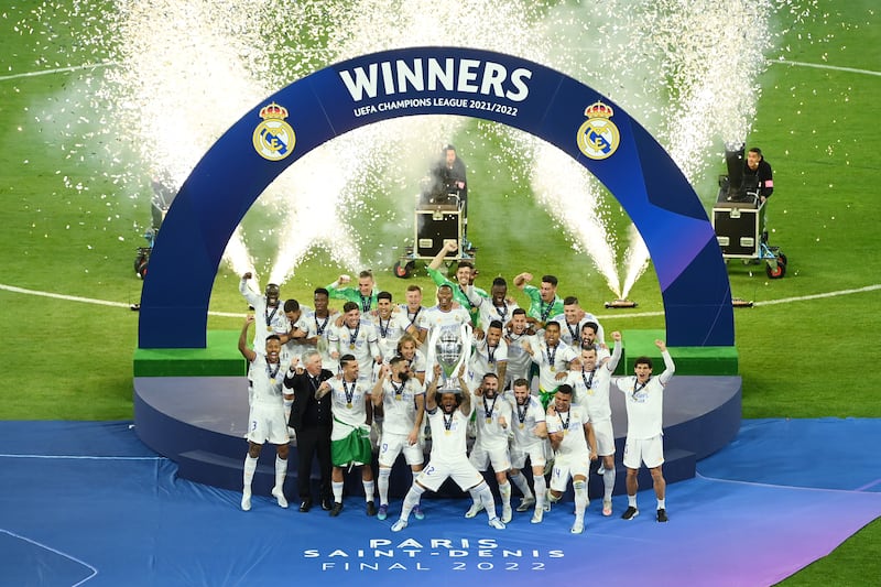 Real Madrid celebrate after beating Liverpool to win the Champions League final. Getty