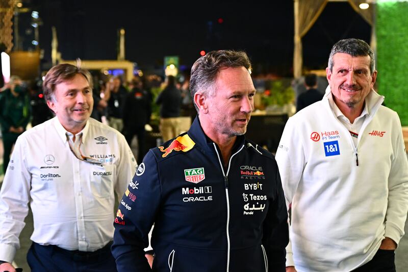Red Bull Racing team principal Christian Horner, Haas F1 team principal Guenther Steiner and Jost Capito, CEO of Williams F1 leave the paddock after a meeting. Getty