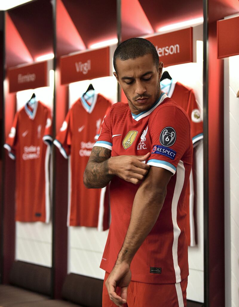 LIVERPOOL, ENGLAND - SEPTEMBER 18: (THE SUN OUT, THE SUN ON SUNDAY OUT) Thiago Alcantara new signing of Liverpool at Anfield on September 18, 2020 in Liverpool, England. (Photo by Andrew Powell/Liverpool FC via Getty Images)