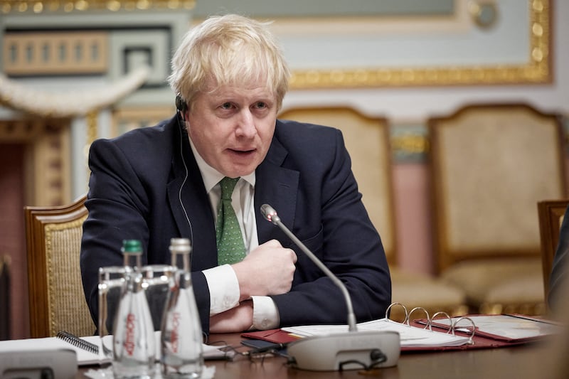 British Prime Minister Boris Johnson in Kiev, Ukraine, on February 1. Reuters