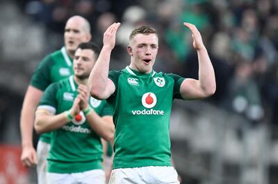 Ireland's flanker Dan Leavy reacts after Ireland won the Six Nations rugby union match between France and Ireland at the Stade de France in Paris on February 3, 2018. / AFP PHOTO / CHRISTOPHE SIMON