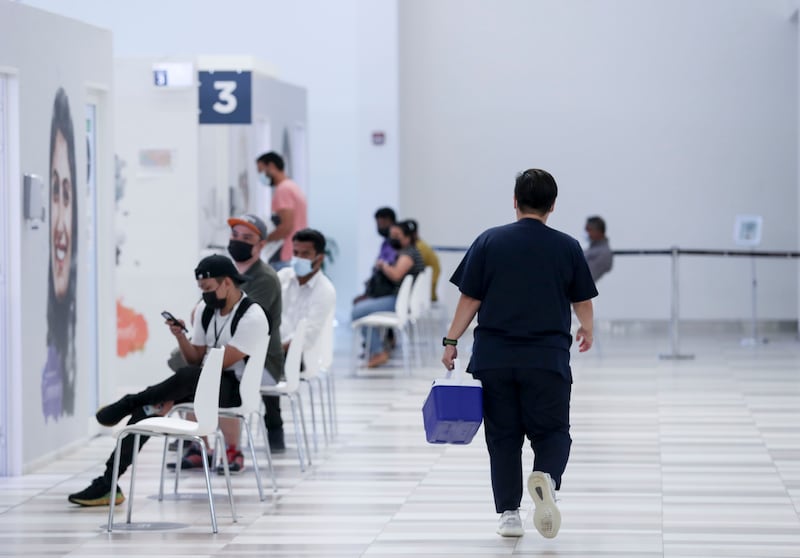 Nurses work at Seha Vaccination Centre, Abu Dhabi Cruise Terminal, Zayed Port.