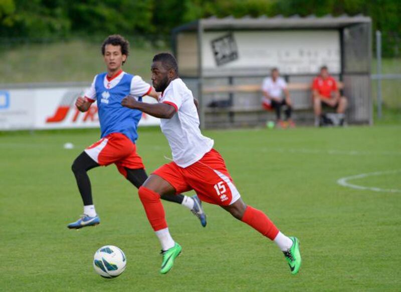 Ismail Al Hammadi of the UAE dribbles with the ball during a UAE national football team training session in Switzerland. Photo Courtesy: UAE FA