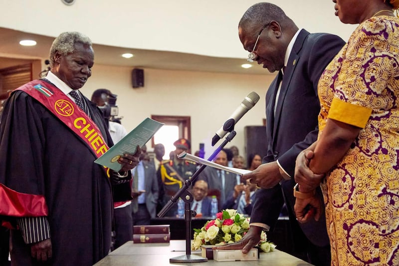 Riek Machar is sworn is as First Vice President of South Sudan, in Juba.  AFP