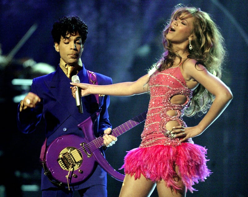 Prince and Beyonce perform during the 46th annual Grammy Awards in Los Angeles, February 8, 2004. Reuters