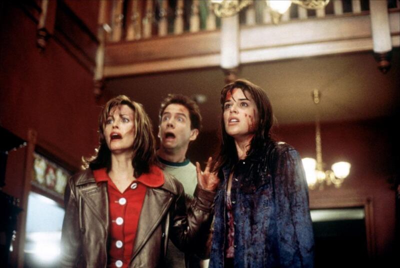 Courteney Cox, Jamie Kennedy and Neve Campbell in 'Scream' (1996). All photos: Dimension Films