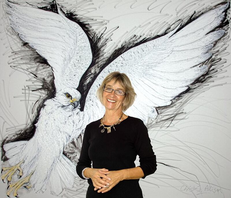 The British artist Christine Allison stands against her painting White Gyr Falcon. Courtesy Christinen Allison