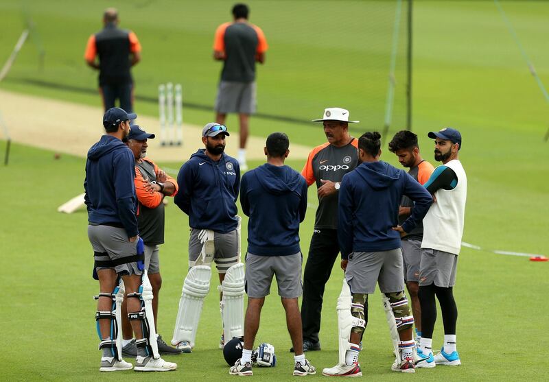 India's captain Virat Kohli, right, and his team attend a nets session at The AGEAS Bowl, Southampton, south England, Tuesday Aug. 28, 2018. (Steven Paston/PA via AP)