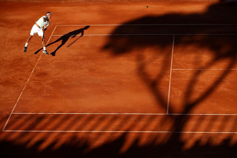 ROME, ITALY - MAY 16: Roger Federer of Switzerland serves against Borna Coric of Croatia in their third round match during Day Five of the International BNL d'Italia at Foro Italico on May 16, 2019 in Rome, Italy. (Photo by Clive Brunskill/Getty Images) BESTPIX