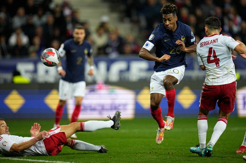 France's Kingsley Coman scores his side's ninth goal. AP