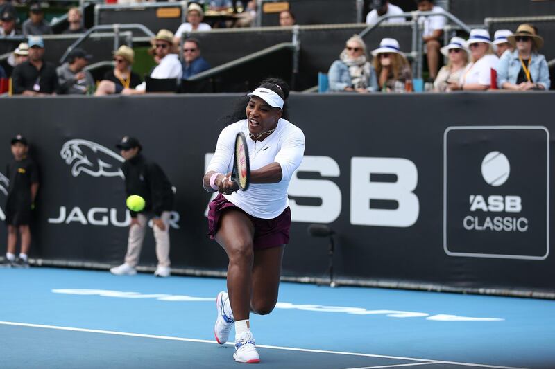 Serena Williams plays a backhand during her first round match against Camila Giorgi on Day Two of the 2020 Auckland Classic. Getty Images