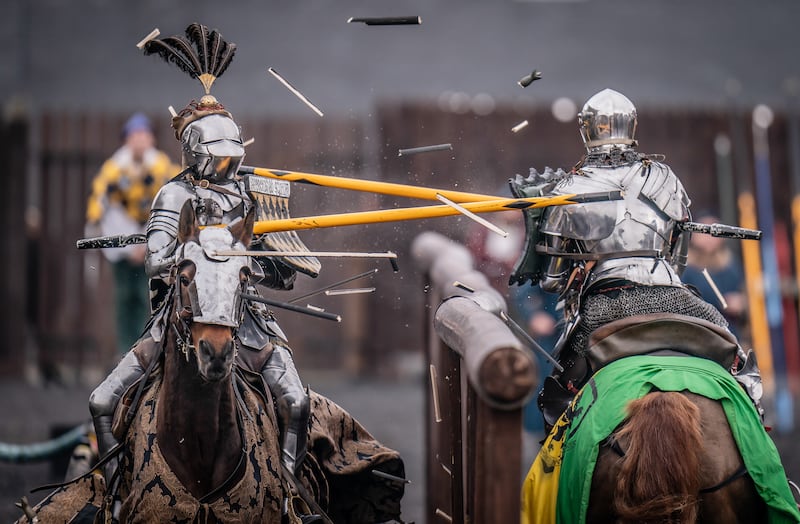 Participants take part in the International Jousting Tournament at the Royal Armouries Museum, in Leeds. PA