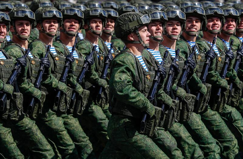 Russian servicemen in formation. EPA