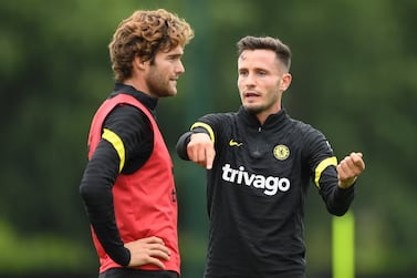 COBHAM, ENGLAND - SEPTEMBER 02: Marcos Alonso and Saul Niguez of Chelsea speak during a Chelsea FC Training Session at Chelsea Training Ground on September 02, 2021 in Cobham, England. (Photo by Harriet Lander - Chelsea FC/Chelsea FC via Getty Images)