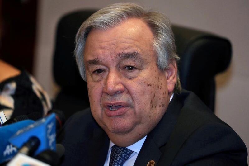 FILE PHOTO: Antonio Guterres, United Nations (UN) Secretary General, speaks at a news conference at the 32nd Ordinary Session of the Assembly of the Heads of State and the Government of the African Union (AU) in Addis Ababa, Ethiopia, February 10, 2019. REUTERS/Tiksa Negeri/File Photo