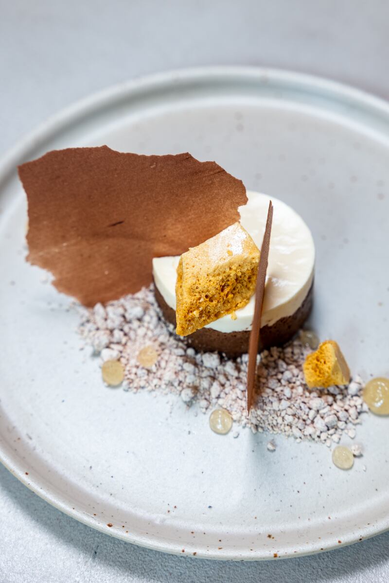 Gahwa chocolate cake with Sidr honey mousse and honeycomb candy