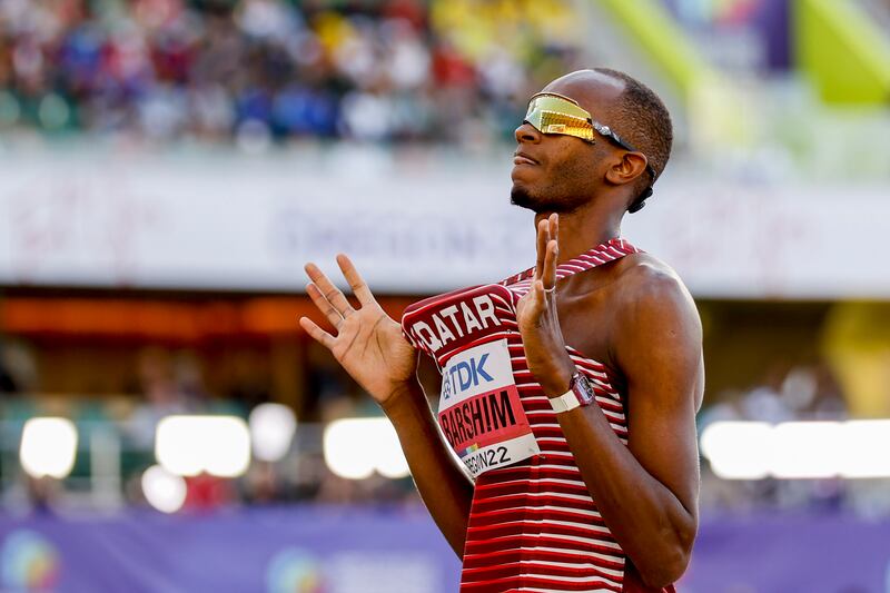 Mutaz Barshim celebrates a completed jump during the men's high jump final at the World Athletics Championships. EPA