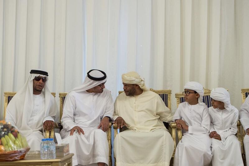 Sheikh Mohammed bin Zayed, Crown Prince of Abu Dhabi and Deputy Supreme Commander of the Armed Forces, second left, offers condolences to the family of martyr Zayed Al Kaabi who died while serving with the Armed Forces in ‘Operation Restoring Hope’.  Rashed Al Mansoori / Crown Prince Court - Abu Dhabi