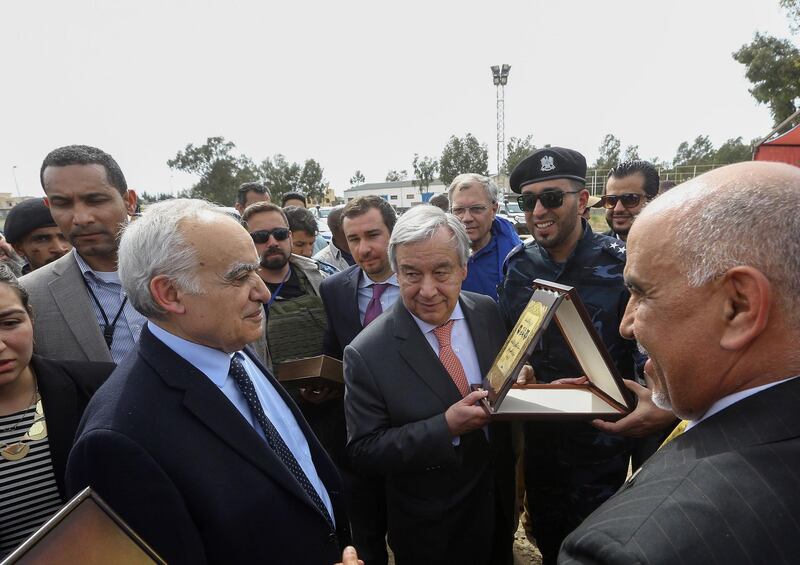 Antonio Guterres and Ghassan Salame, UN special envoy for Libya and head of the UN Support Mission in Libya, visit Ain Zara detention centre for migrants.