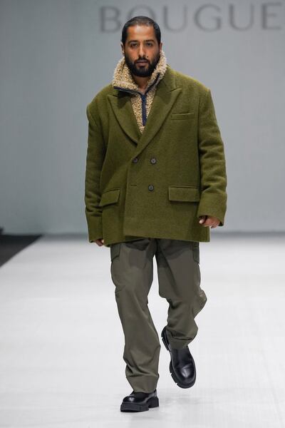 A khaki pea coat and fleece jacket by Bouguessa. Photo: AFW