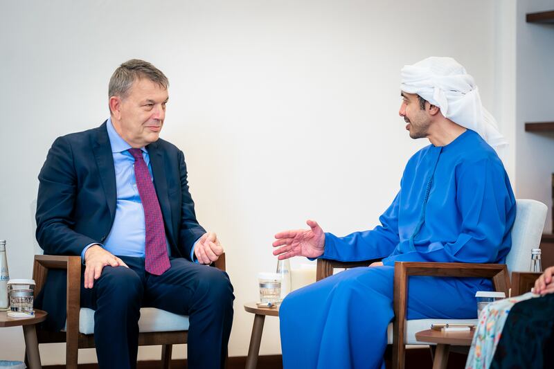 Sheikh Abdullah bin Zayed, Minister of Foreign Affairs, and Philippe Lazzarini, commissioner general of the UN agency for Palestine refugees. Photo: Wam