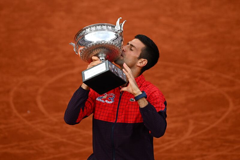 Novak Djokovic celebrates after beating Casper Ruud in the French Open final. Getty