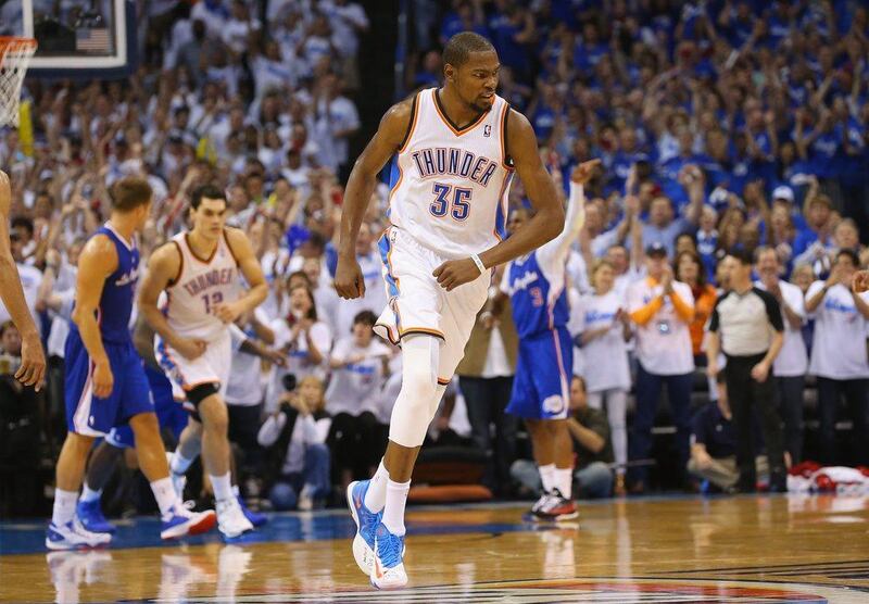 Kevin Durant was an assist shy of a triple-double for Oklahoma City on Wednesday night. Ronald Martinez / Getty Images / AFP / May 7, 2014