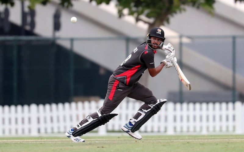 DUBAI, UNITED ARAB EMIRATES , Dec 15– 2019 :- Chirag Suri of UAE playing a shot during the World Cup League 2 cricket match between UAE vs Scotland held at ICC academy in Dubai. UAE won the match by 7 wickets. He scored 67 runs in this match. ( Pawan Singh / The National )  For Sports. Story by Paul