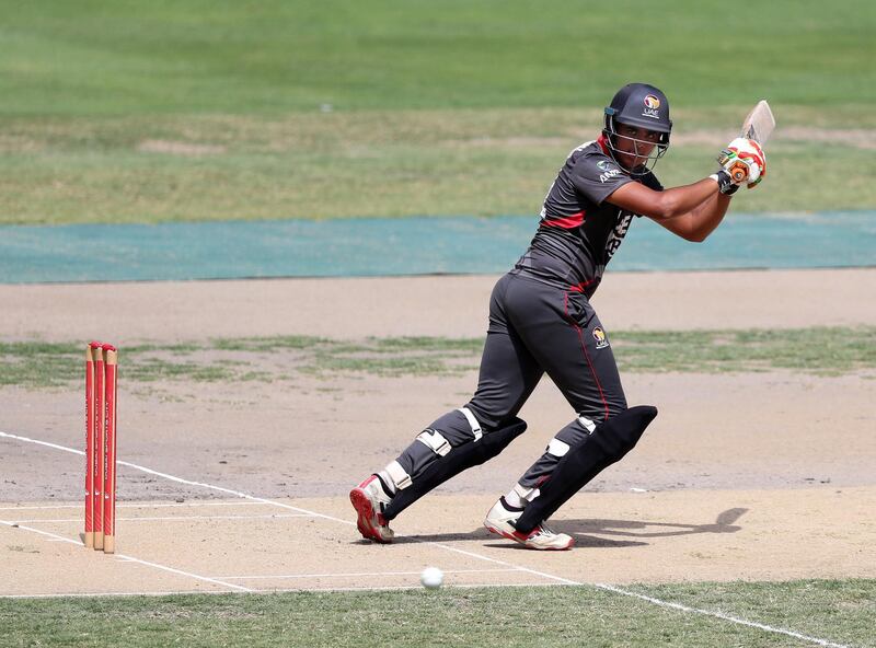 Dubai, United Arab Emirates - April 29, 2019: UAE's Aryan Lakra bats in the game between UAE U19's and Iran U19's in the Unser 19 Asian Cup qualifiers. Monday the 29th of April 2019. Dubai International Stadium, Dubai. Chris Whiteoak / The National