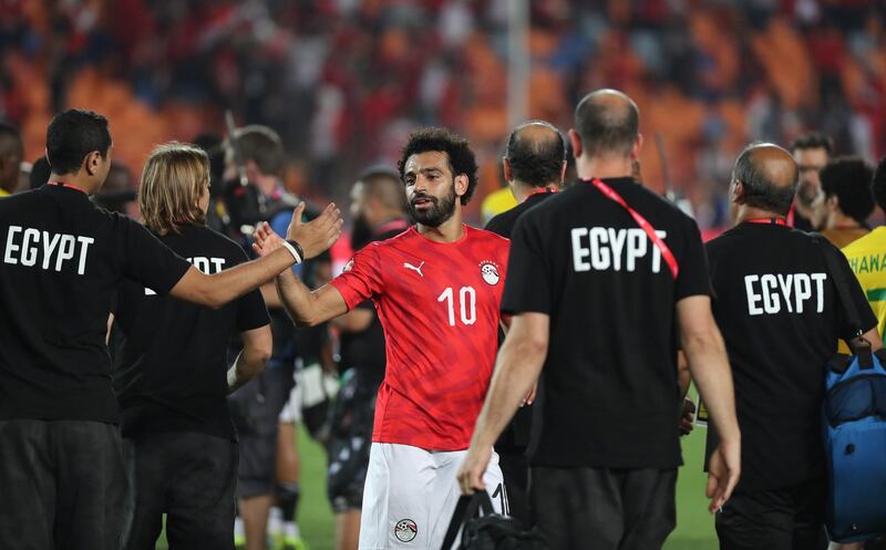 epa07665257 Mohamed Salah of Egypt celebrates after the opening match of the 2019 Africa Cup of Nations (AFCON) between Egypt and Zimbabwe at Cairo International Stadium in Cairo, Egypt, 21 June 2019. The 2019 Africa Cup of Nations (AFCON) takes place from 21 June until 19 July 2019 in Egypt.  EPA/GAVIN BARKER This image is intended for Editorial use (e.g. news articles). Any commercial use (e.g. ad campaigns) requires additional clearance. Contact: photo@backpagemedia.co.za for more information
