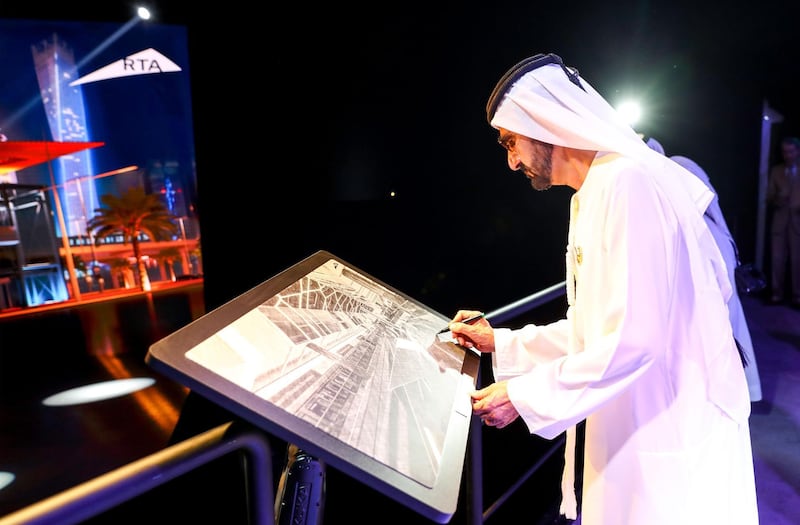 Sheikh Mohammed bin Rashid, Vice President and Ruler of Dubai, checks on the construction progress of the Dubai Metro expo station. Wam