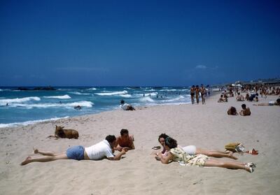 BEIRUT, LEBANON - MAY 1948: A view of young couples resting on a beach in Beirut, Lebanon. (Photo by Ivan Dmitri/Michael Ochs Archives/Getty Images)