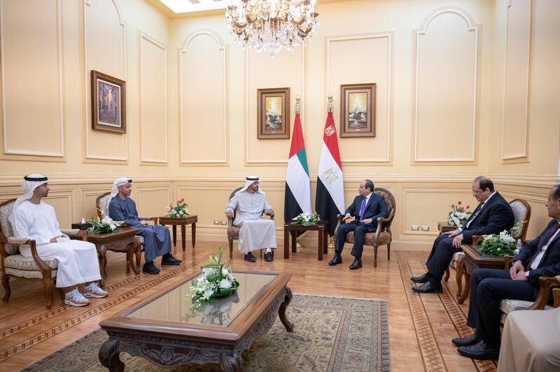 Sheikh Mohamed bin Zayed, Crown Prince of Abu Dhabi and Deputy Supreme Commander of the Armed Forces, speaks with Egyptian President Abdel Fattah El Sisi. Wam
