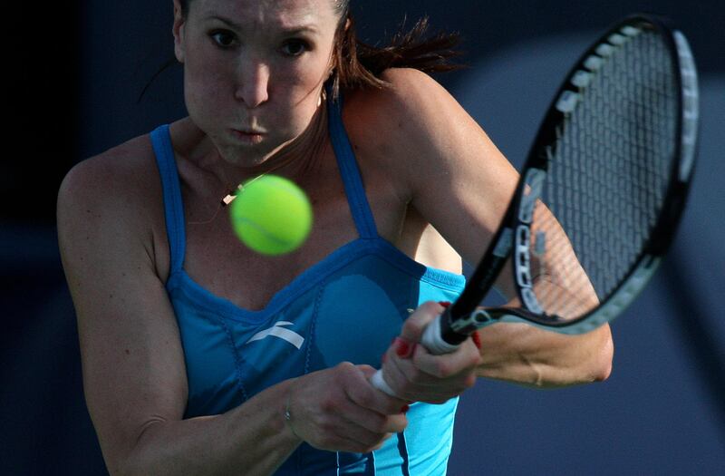 DUBAI, UNITED ARAB EMIRATES, Feb-16: Jelena Jankovic (SRB) in action against Aravane Rezai (FRA) in the second round of Barclays Dubai Tennis Championship at Dubai Tennis Stadium in Dubai. She won the match by 4-6,6-4,7-5  (Pawan Singh / The National) For Sports. Story by William