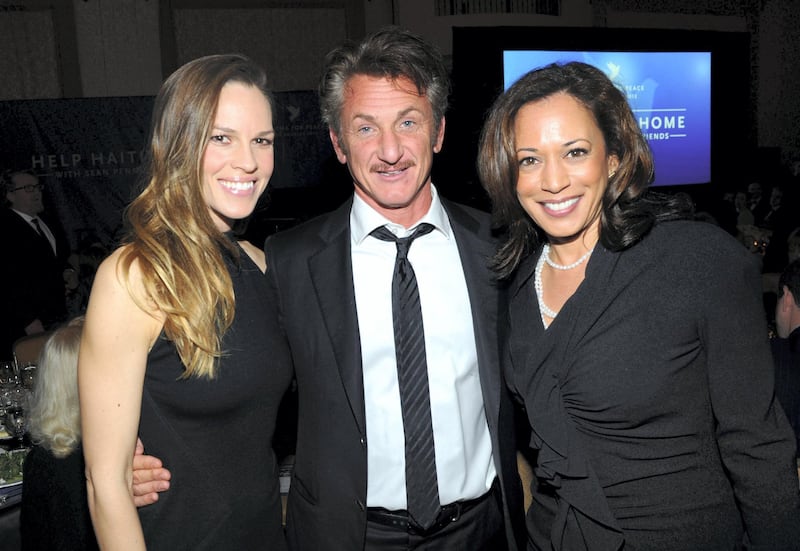 LOS ANGELES, CA - JANUARY 14: (L-R) Actors Hilary Swank, Sean Penn and Attorney General of California Kamala Harris attend the Cinema For Peace event benefitting J/P Haitian Relief Organization in Los Angeles held at Montage Hotel on January 14, 2012 in Los Angeles, California.   Michael Buckner/Getty Images For J/P Haitian Relief Organization and Cinema For Peace/AFP