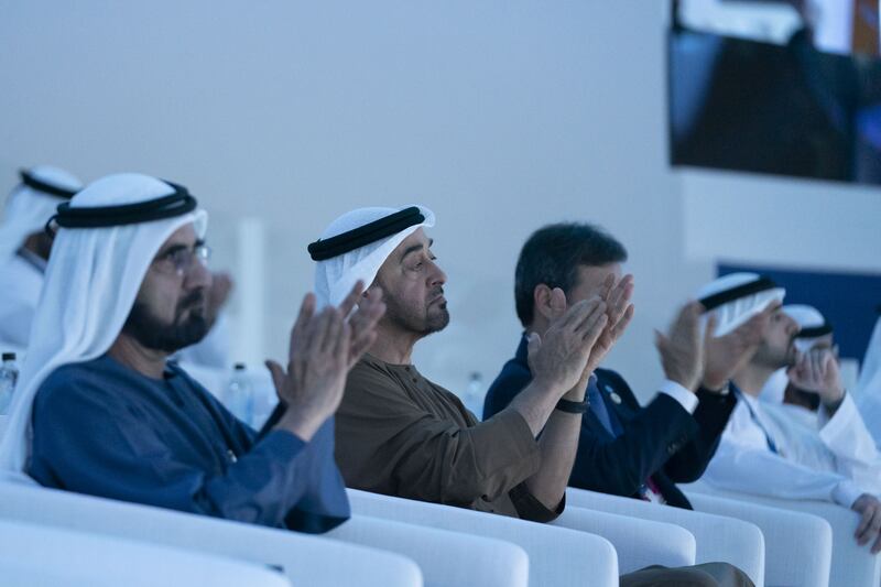 Sheikh Mohammed bin Rashid, Vice President and Ruler of Dubai, and Sheikh Mohamed bin Zayed, Crown Prince of Abu Dhabi and Deputy Supreme Commander of the UAE Armed Forces, watch the ceremony.
