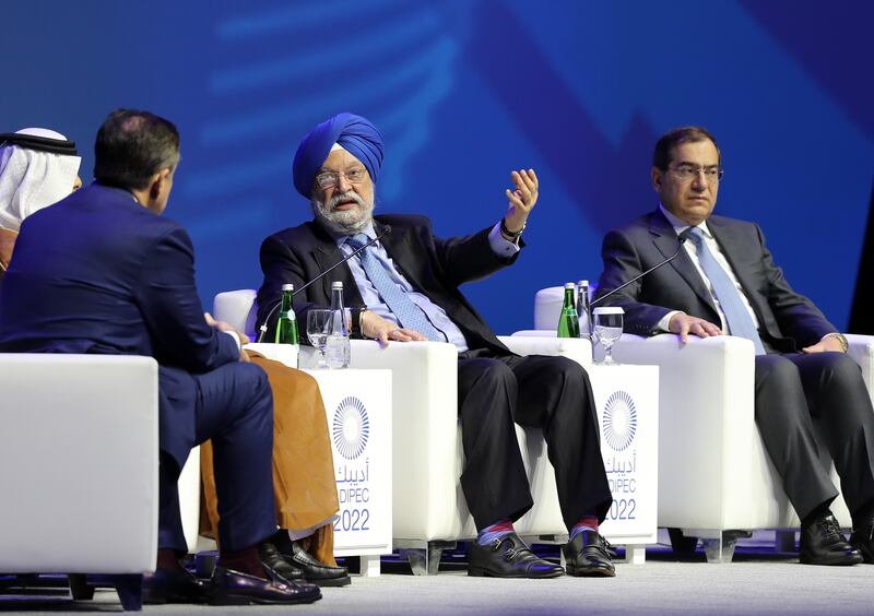 Indian Energy Minister Hardeep Singh Puri makes a point during the panel discussion. Chris Whiteoak / The National