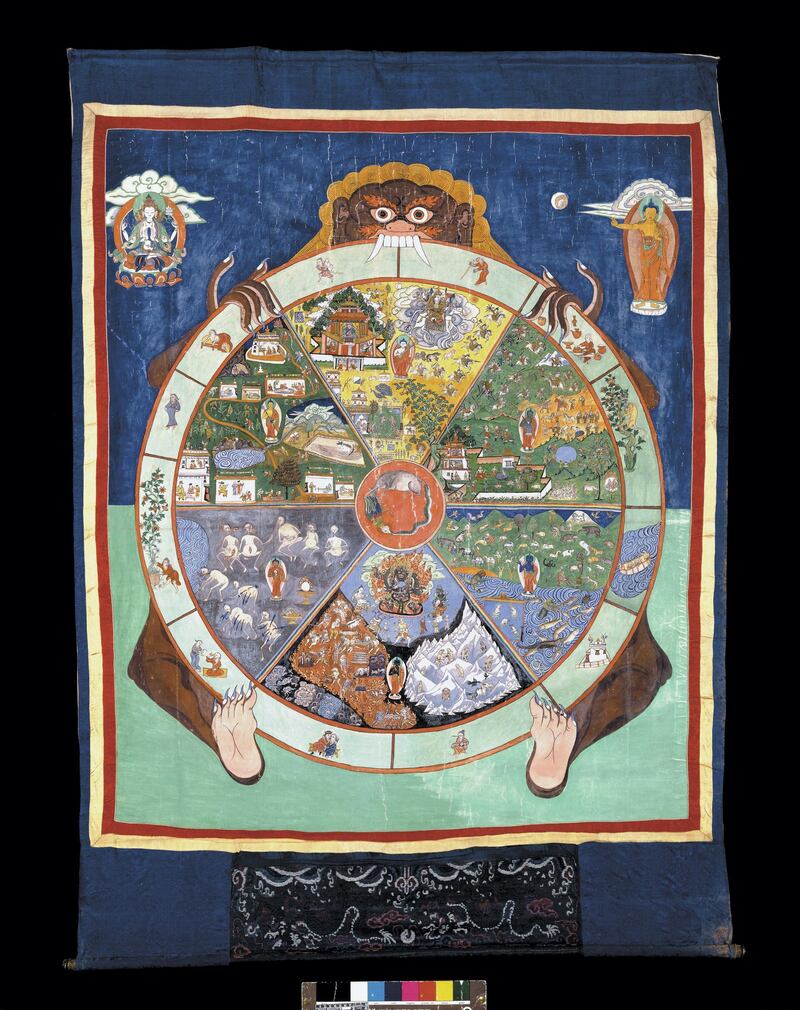 Painted cloth thangka 
Tibet, 1800–1900 
This painted teaching or meditation aid, thangka, shows the wheel of life. The lives of humans and the gods are all held by Yama, Lord of Death, whose limbs represent the sufferings of birth, sickness, old age and death. 
© the Trustees of the British Museum 