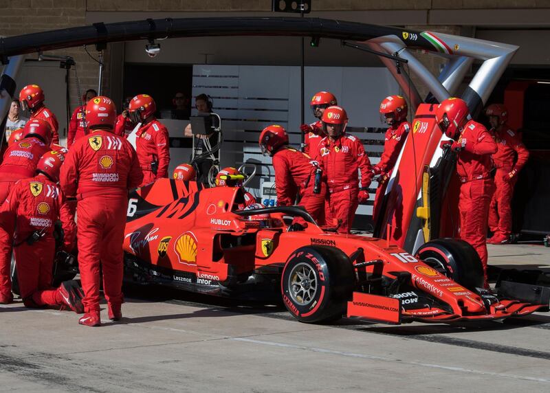 Ferrari driver Charles Leclerc, of Monaco, leaves the pits during the Formula One U.S. Grand Prix auto race at the Circuit of the Americas in Austin, Texas, Sunday, Nov. 3, 2019. (Mark Ralston/Pool Photos via AP)