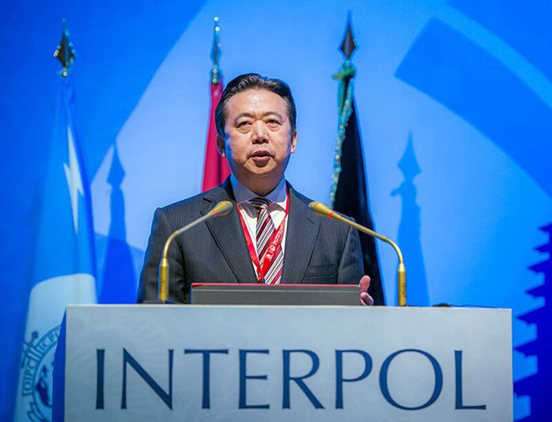 epa07071677 (FILE) - A handout image made available by Interpol showing Meng Hongwei, Chinese President of Interpol, speaking in Bali, Indonesia (reissued 05 October 2018). Reports on 05 October 2018 state French authorities haved started investigations following Meng Hongwei's wife reported him missing after he leaft Lyon in France to travel to China.  EPA/INTERPOL / HANDOUT  HANDOUT EDITORIAL USE ONLY/NO SALES