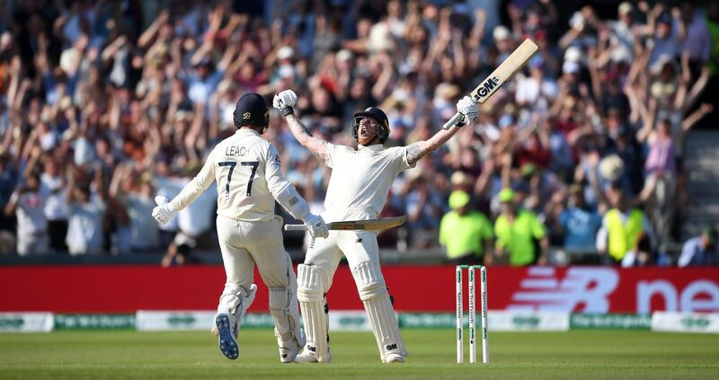 Ben Stokes with Jack Leach after hitting the winning runs. Getty Images
