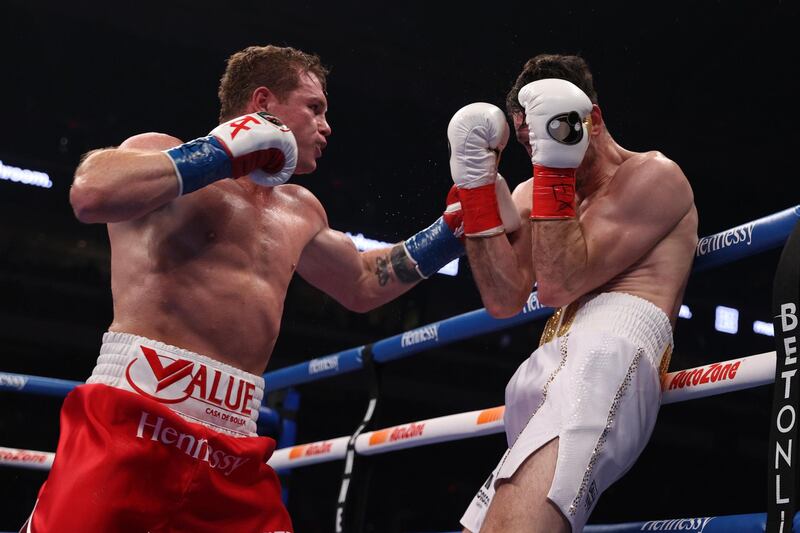 DCanelo Alvarez (red) and Callum Smith during their WBA, WBC and Ring Magazine super middleweight championship bout at the Alamodome in San Antonio. USA Today