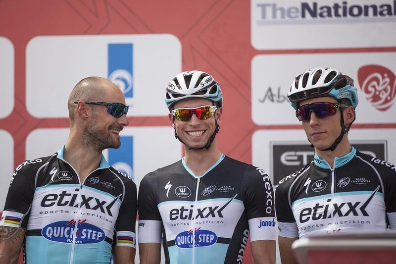 Etixx-Quick Step riders chat among themselves on Thursday on the first day of the Abu Dhabi Tour. Mona Al Marzooqi / The National
