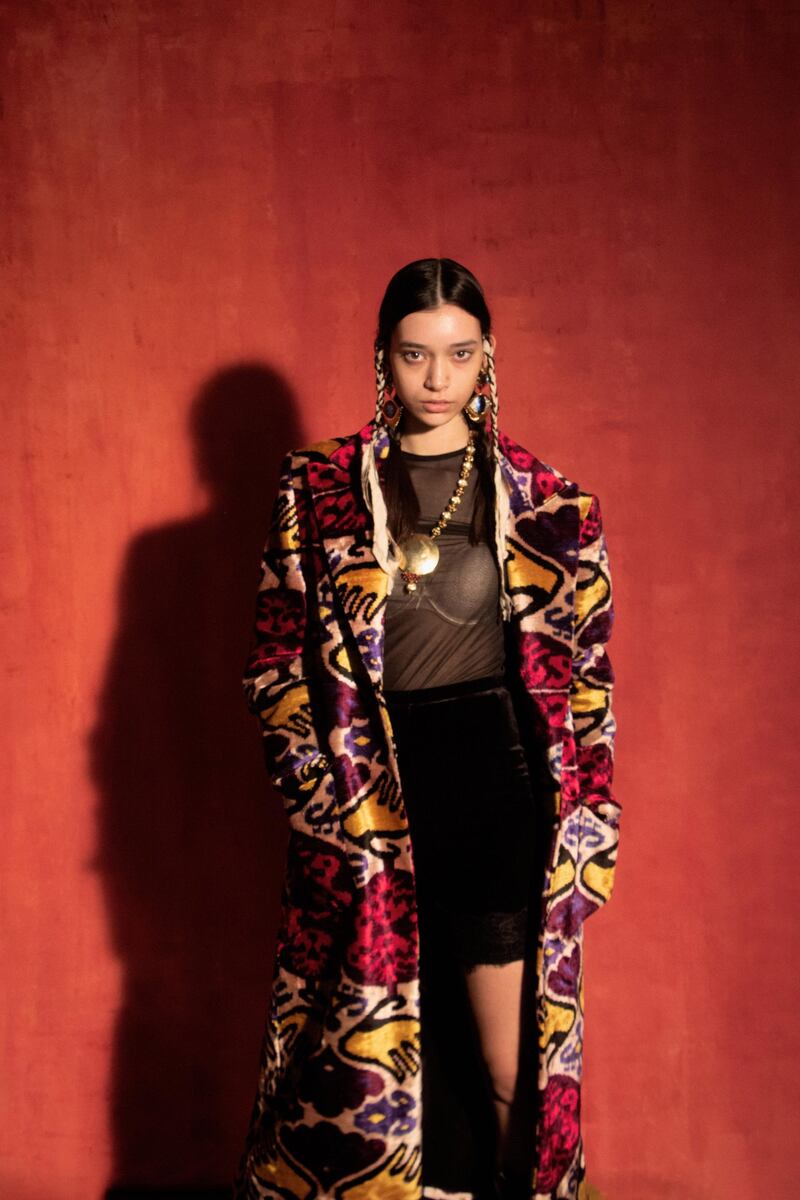 A velvet ikat coat by Osman Yousefzada for autumn / winter 2021