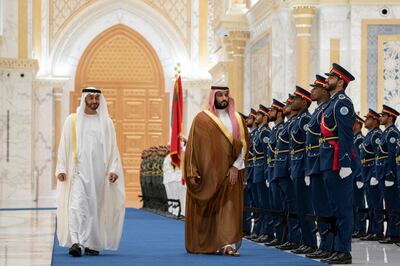 Mohammed bin Salman arrives at Qasr Al Watan in Abu Dhabi, where he is accorded an official reception. From MBZ's twitter