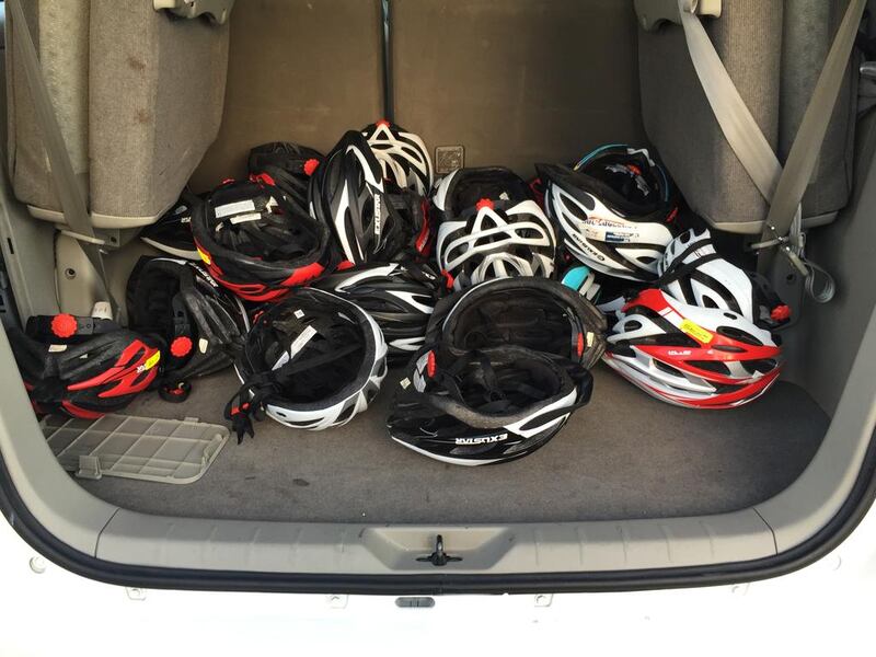Helmets in the back of a car as riders from ADCB get ready for cycle to work day. Christopher Pike / The National
