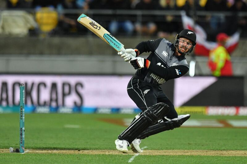 New Zealand's Tim Seifert plays a shot during the first Twenty20 cricket match between New Zealand and India in Wellington on February 6, 2019.  / AFP / Marty MELVILLE
